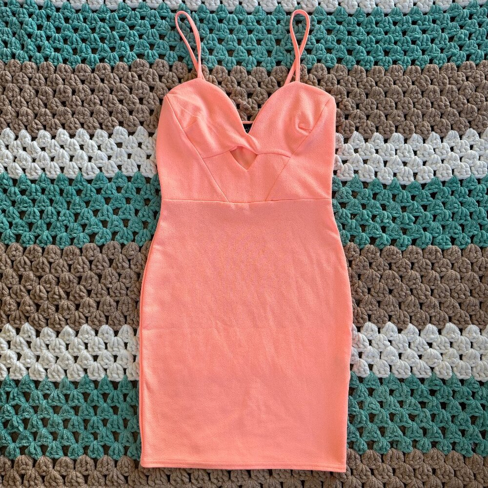 Salmon Pink Neon Fitted Bodycon Contour Cut Out Dress Womans sz 4